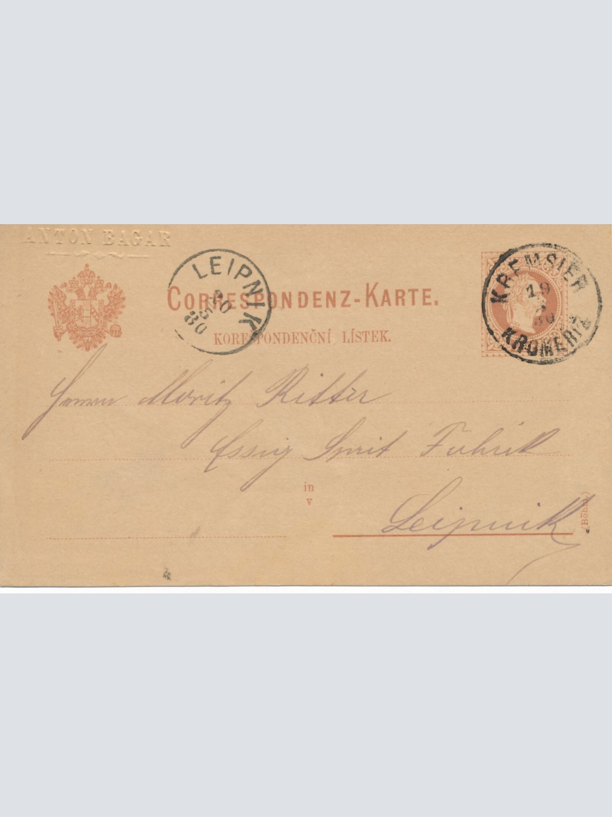 2 Kreuzer - Ganzsachen - Karte 1880 aus Kremsier (10169)