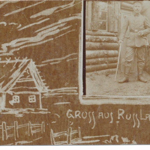 AK gruss aus Russland mit Soldat und Feldpoststempel 75. Res. Division (9117)