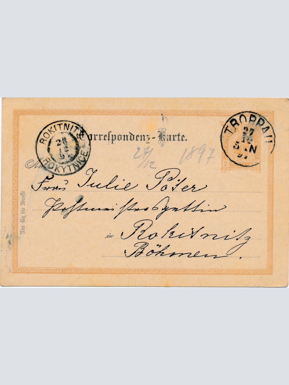 2 Kreuzer - Ganzsachen - Karte 1897 aus Troppau (10698)