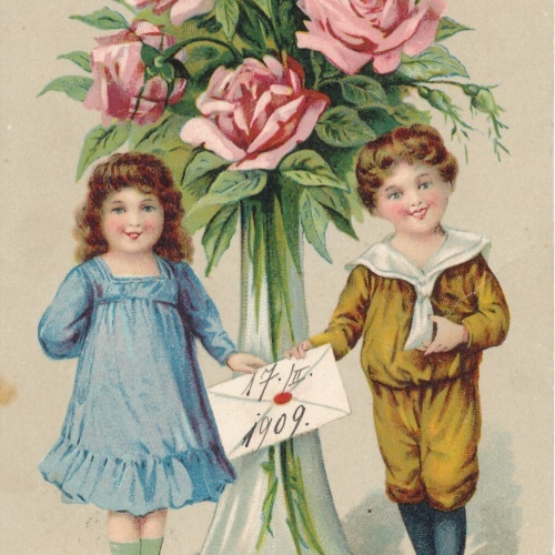 Motiv - Karte Mädchen und Junge mit Brief vor Riesen Blumen (10761)