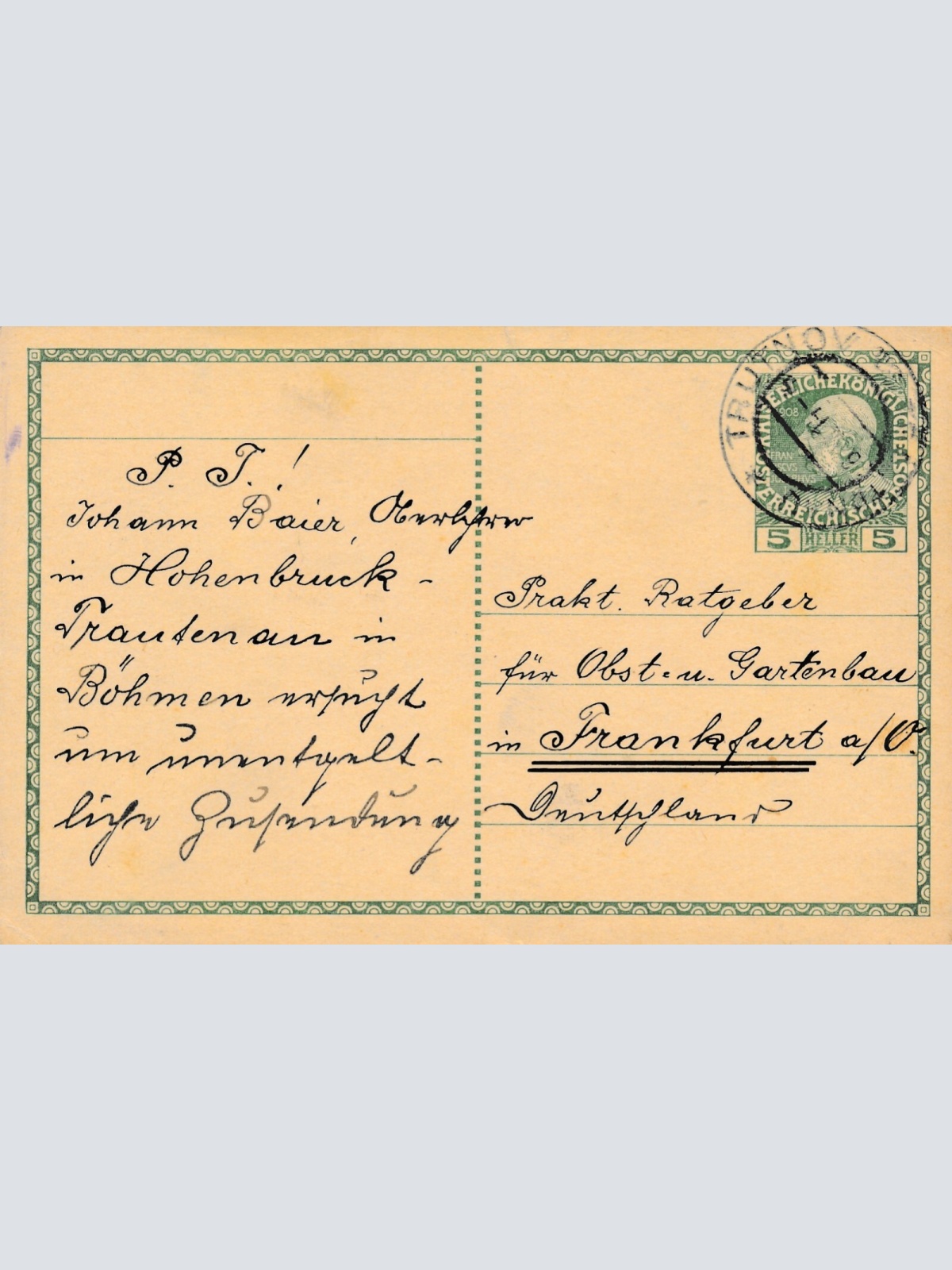 5 Heller - Ganzsachen - Karte 1914 aus Trutnov  (10654)