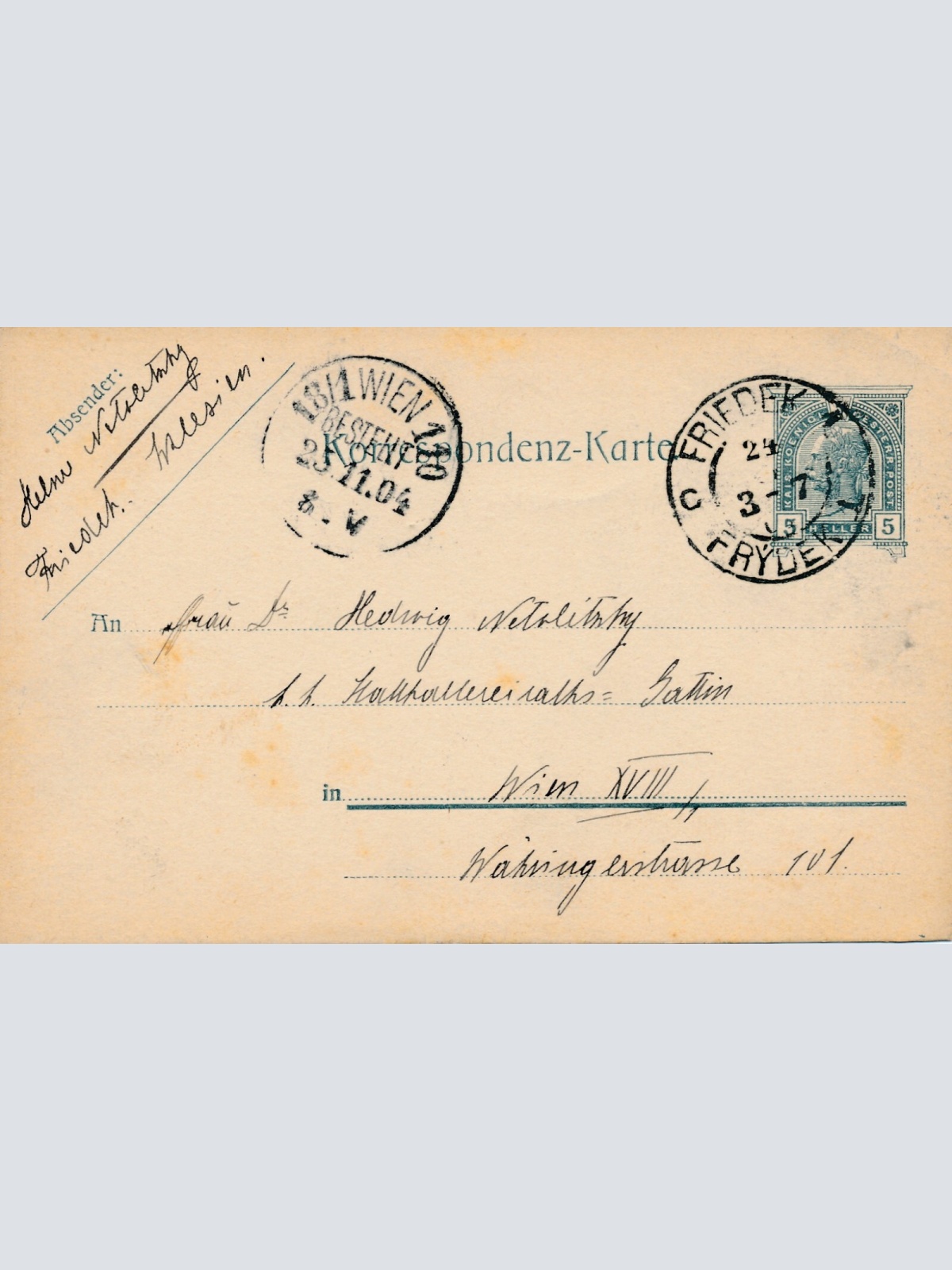 5 Heller - Ganzsachen - Karte 1904 aus Friedek  (10655)