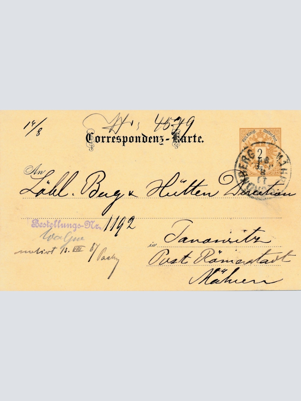 2 Kreuzer - Ganzsachen - Karte 1887 aus Schönberg (10683)