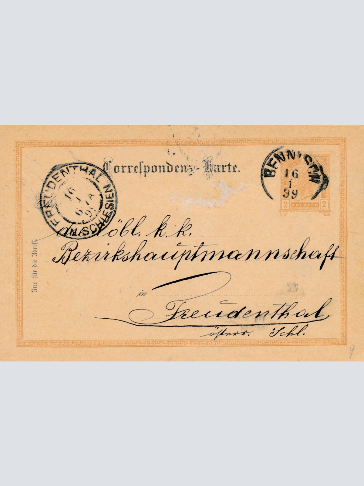2 Kreuzer - Ganzsachen - Karte 1899 aus Bennisch (10686)