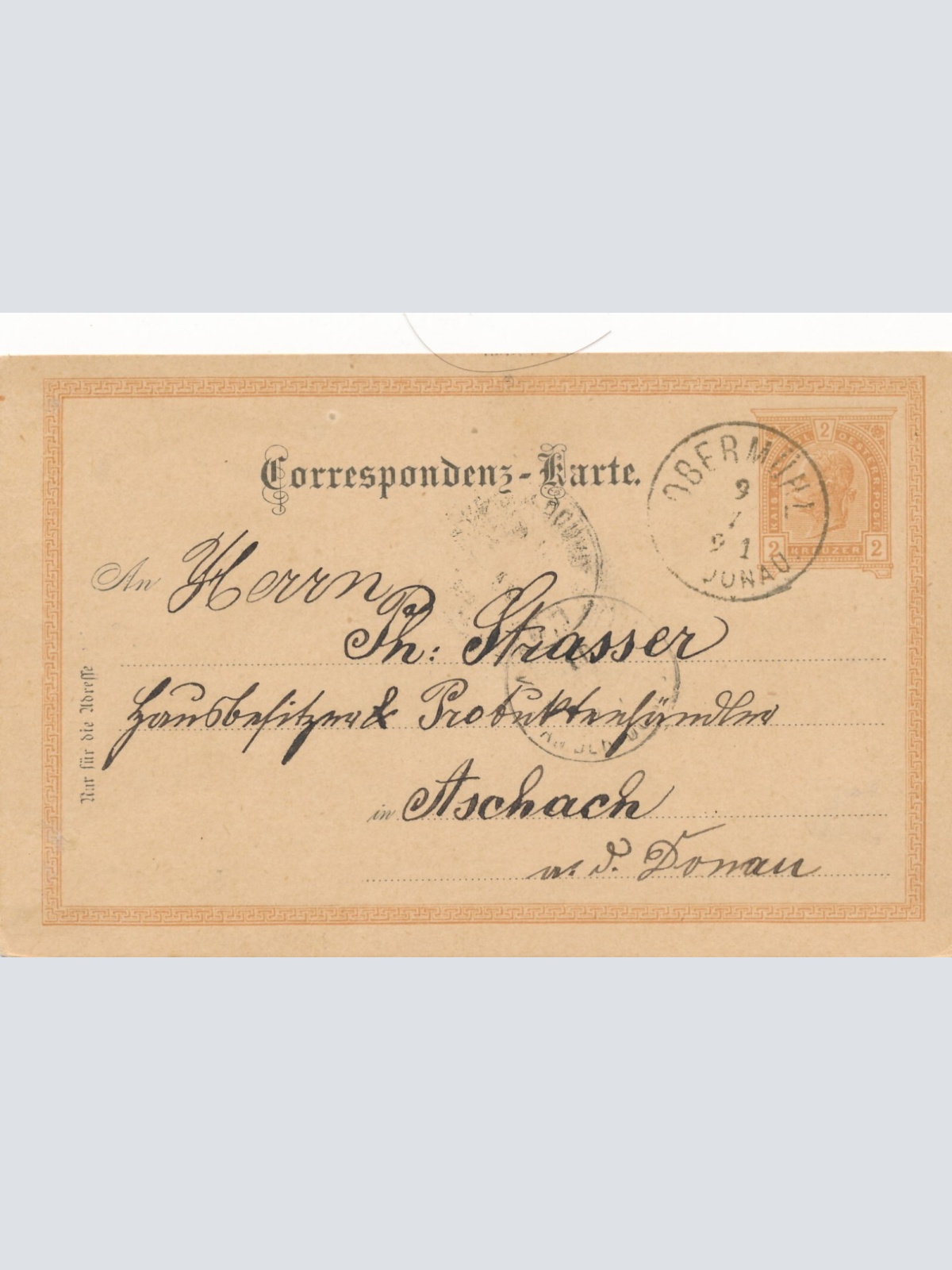 2 Kreuzer - Ganzsachen - Karte 1891 aus Obermühl (10668)