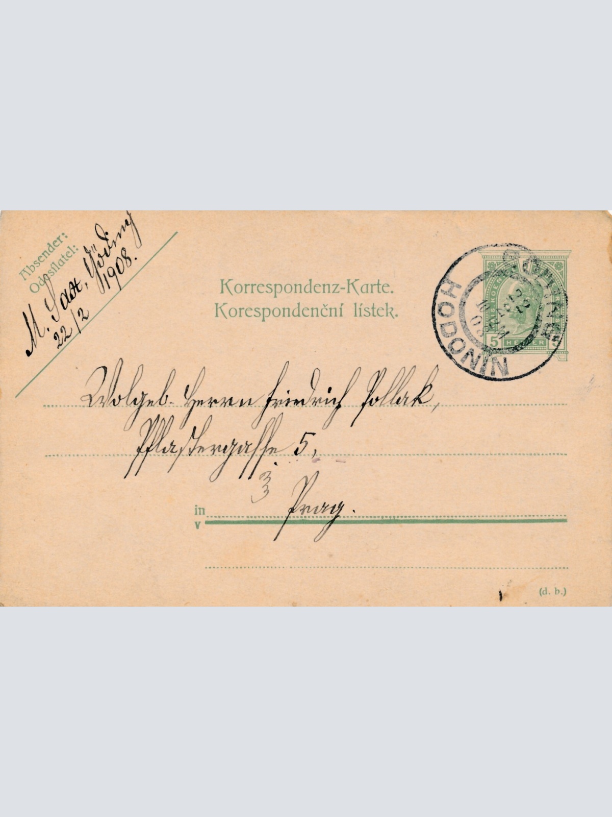 5 Heller Ganzsachen - Karte 1908 aus Ninodoh (10456)