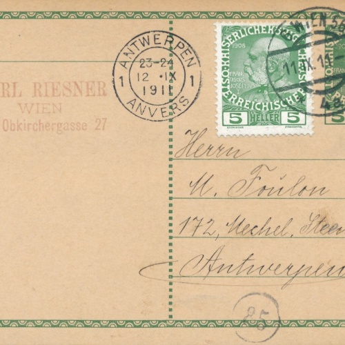 5 Heller Ganzsachen - Karte 1911 aus Wien nach Antwerpen + 5 heller ZF (10459)