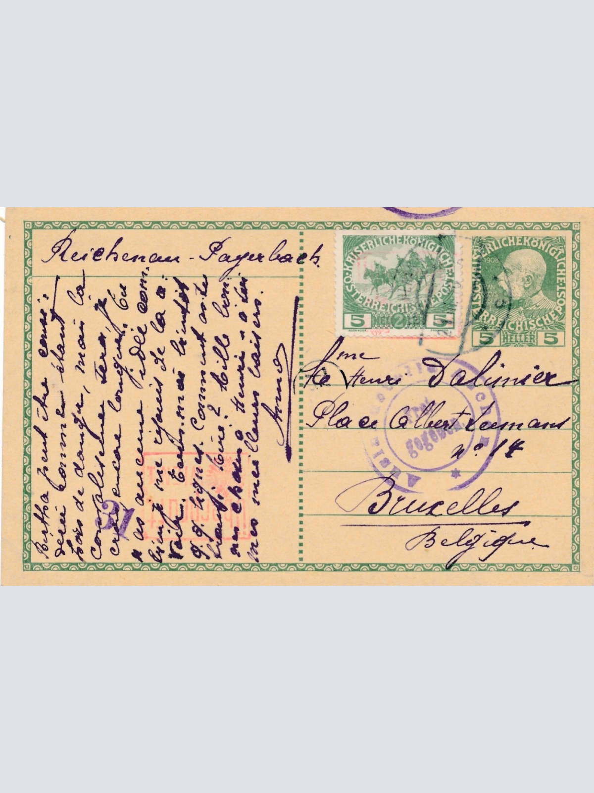 5 Heller Ganzsachen - Karte aus Wien nach Brüssel + 5 heller ZF (10460)