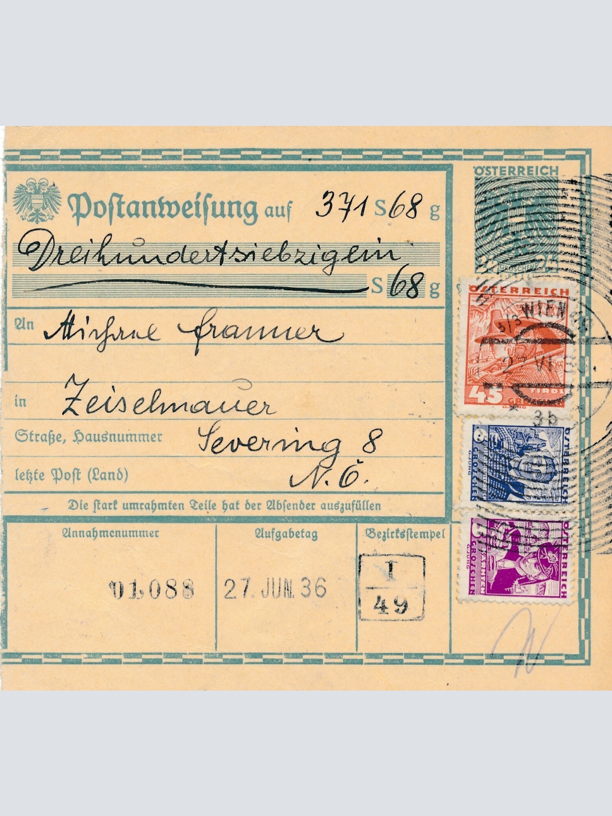 24 Gr. Postanweisung 1936 aus Wien nach Zeiselmauer + Trachten Marken (10439)