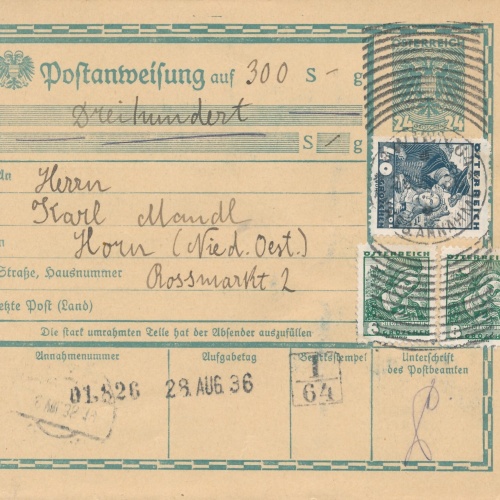 24 Gr. Postanweisung 1936 aus Wien nach Horn + Trachten Marken (10391)