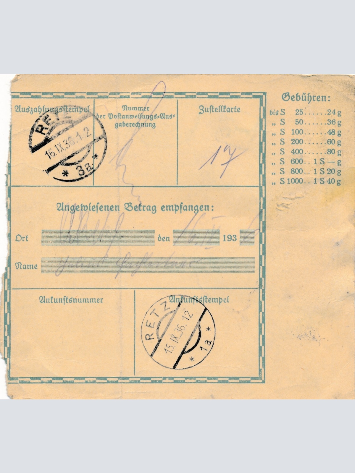 24 Gr. Postanweisung 1936 aus Wien nach Retz + Trachten Marken (10418)