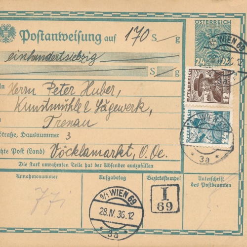 24 Gr. Postanweisung 1936 aus Wien nach Vöcklamarkt + Trachten Marken (10419)