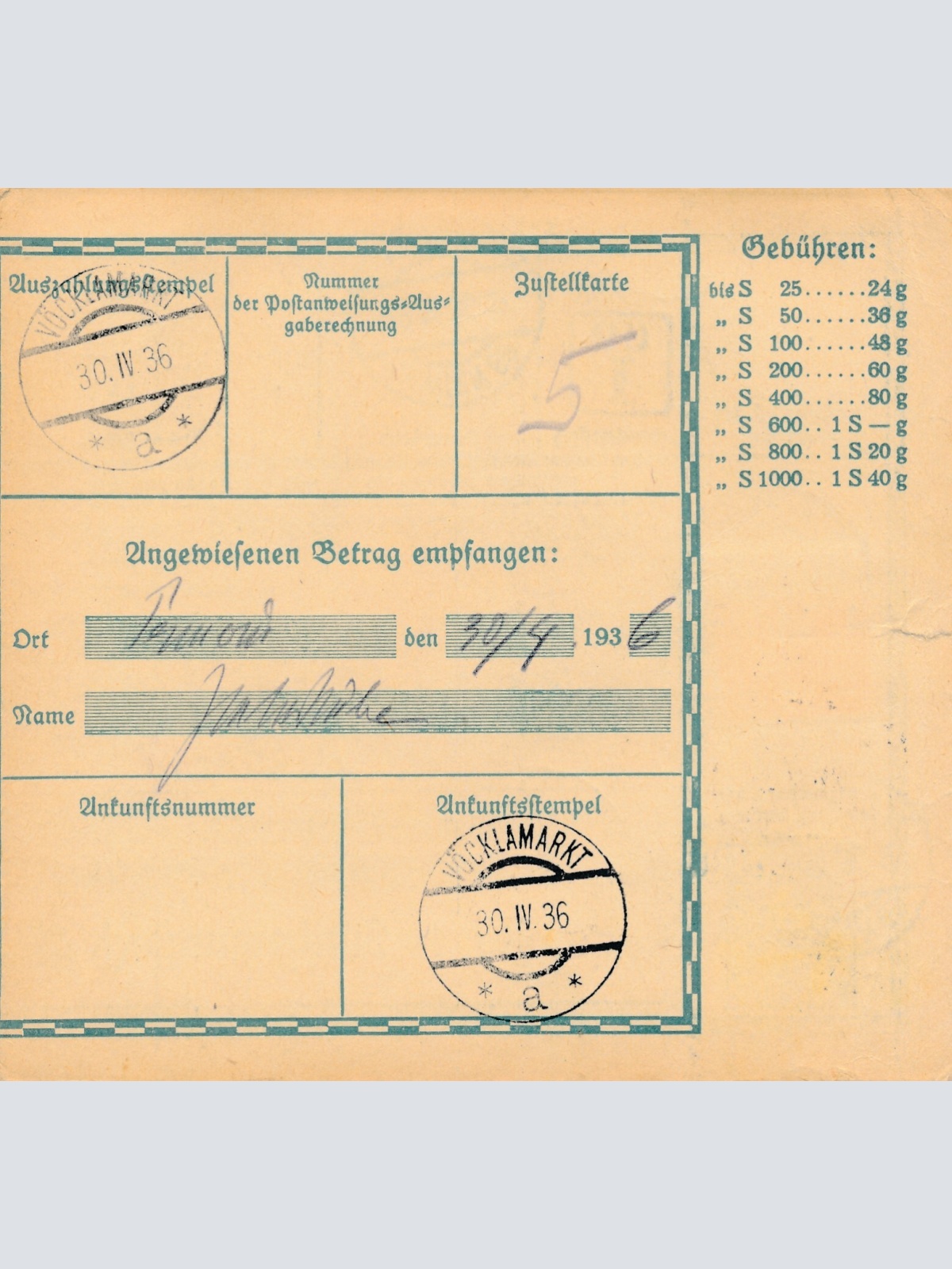24 Gr. Postanweisung 1936 aus Wien nach Vöcklamarkt + Trachten Marken (10419)