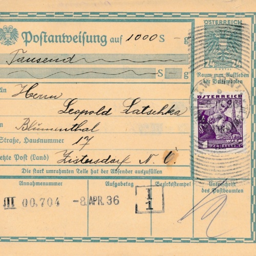 24 Gr. Postanweisung 1936 aus Wien nach Zistersdorf + Trachten Marken (10420)