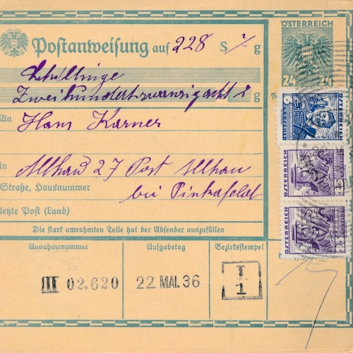 24 Gr. Postanweisung 1936 aus Wien nach Markt Allhau + Trachten Marken (10422)