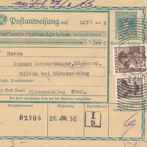 24 Gr. Postanweisung 1936 aus Wien nach Mürzzuschlag + Trachten Marken (10433)