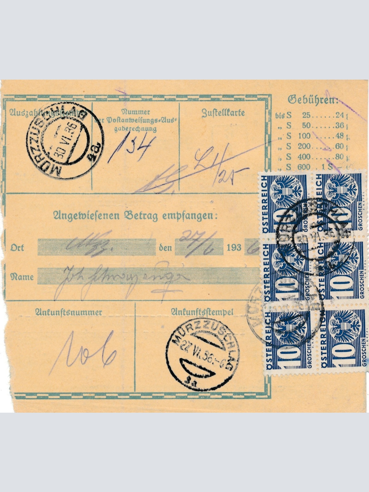 24 Gr. Postanweisung 1936 aus Wien nach Mürzzuschlag + Trachten Marken (10433)