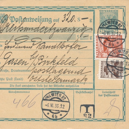 24 Gr. Postanweisung 1936 aus Wien nach Gasen + Trachten Marken (10413)