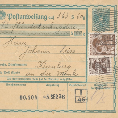 24 Gr. Postanweisung 1936 aus Wien nach Kirnberg + Trachten Marken (10398)