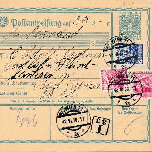24 Gr. Postanweisung 1936 aus Wien nach Bad Kreuzen + Trachten Marken (10405)