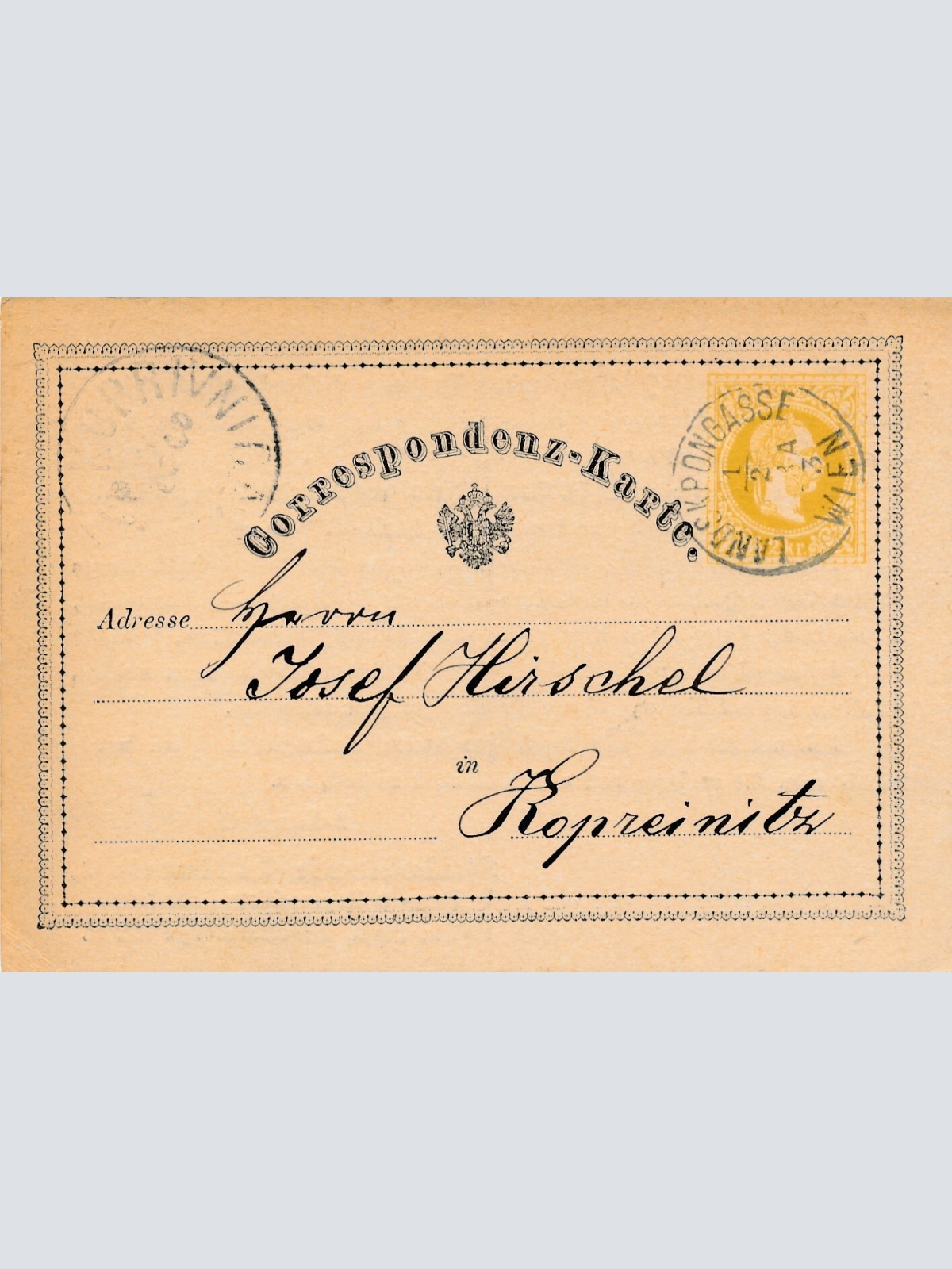 2 Kreuzer - Ganzsachen Karte 1873 aus Wien Landskrongasse (11120)