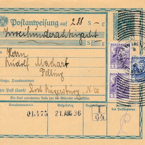 24 Gr. Postanweisung 1936 aus Wien nach Riegersburg + Trachten Marken (10435)