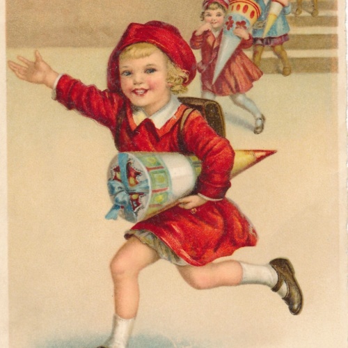 Motiv - Karte Erster Schultag Mädchen mit Schultüten (10777)