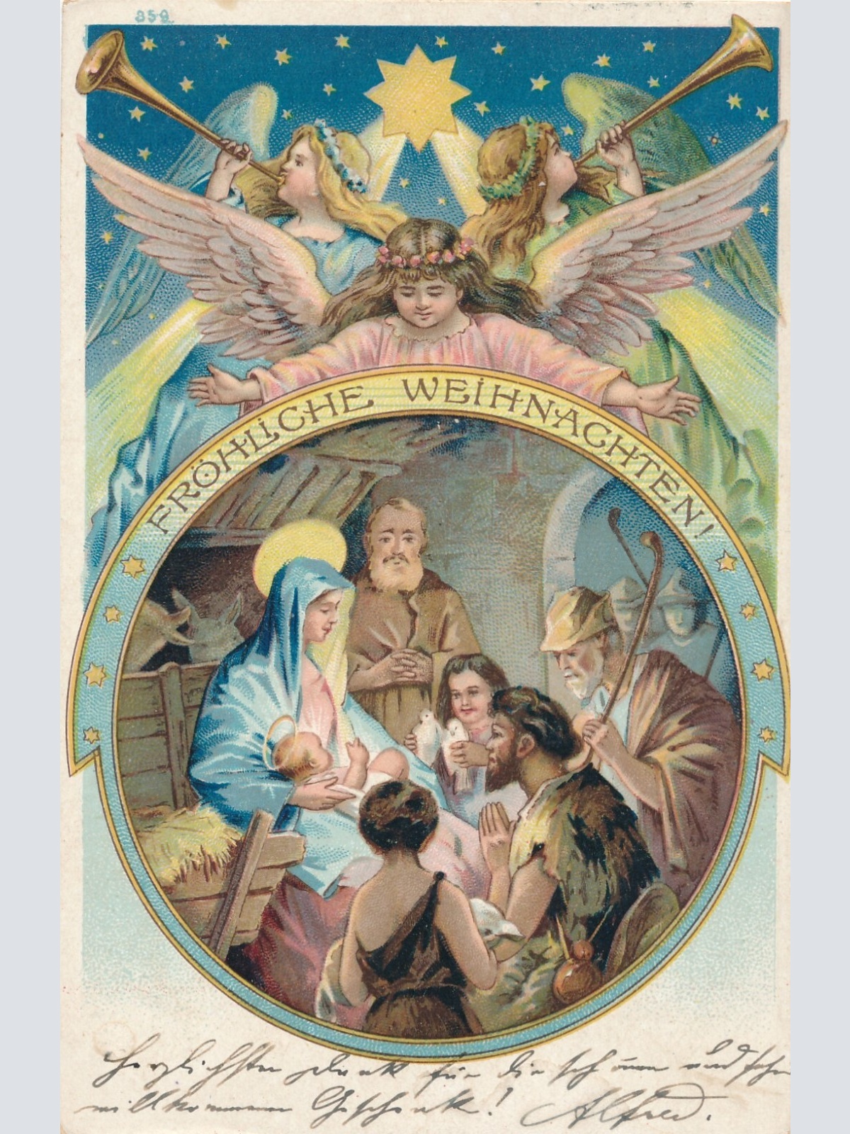 Motiv - Karte Fröhliche Weihnachten Engel wachen über Krippe  (10767)