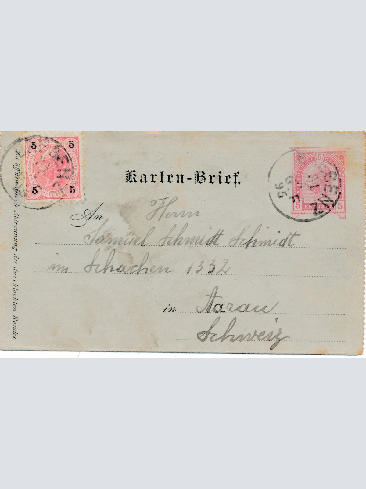 5 Kreuzer - Ganzsachen - Kartebrief 1895 aus Bregenz (11324)
