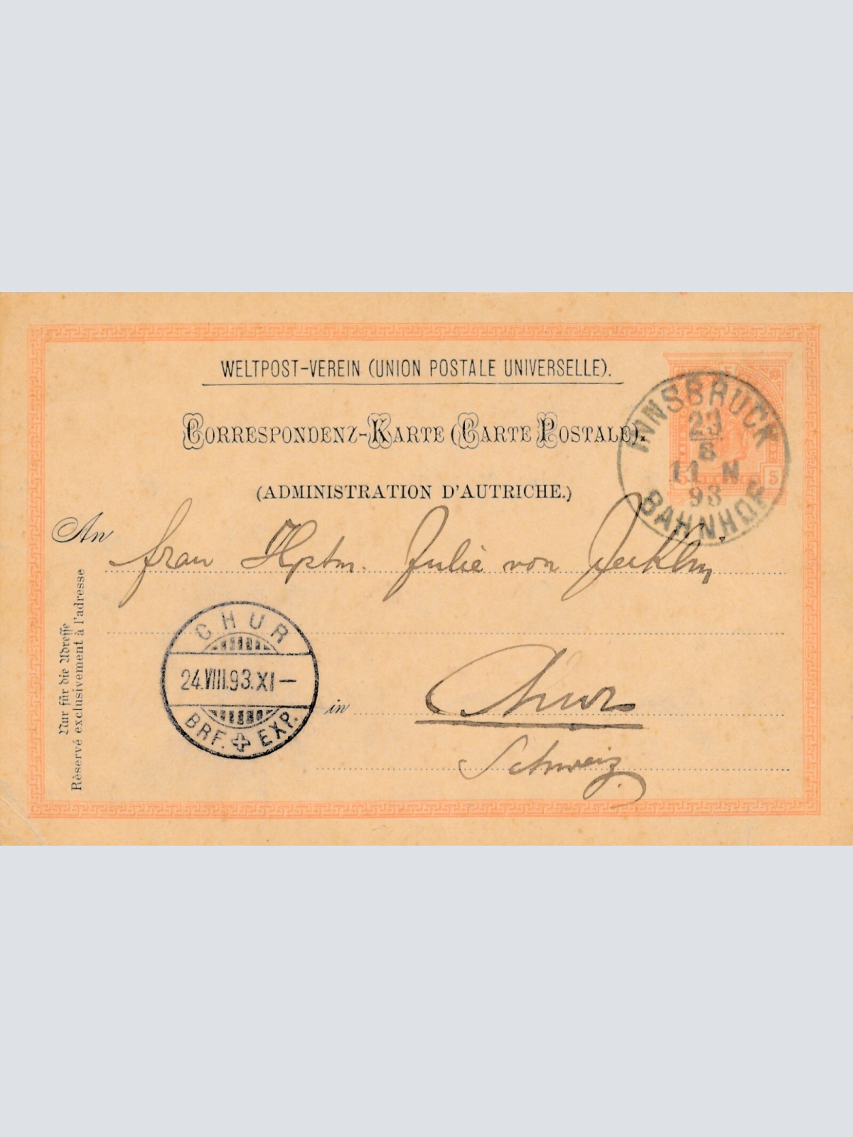 5 Kreuzer Ganzsachen - Karte 1893 aus Innsbruck Bahnhof (11607)