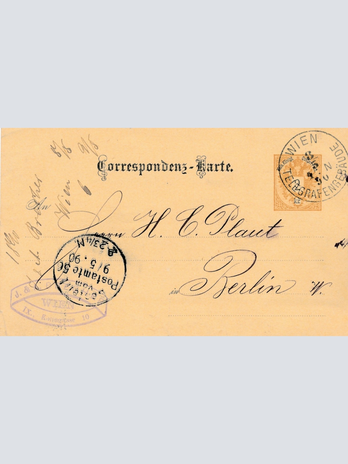 2 Kreuzer Ganzsachen - Karte 1890 aus Wien Telegrafengebäude (11163)