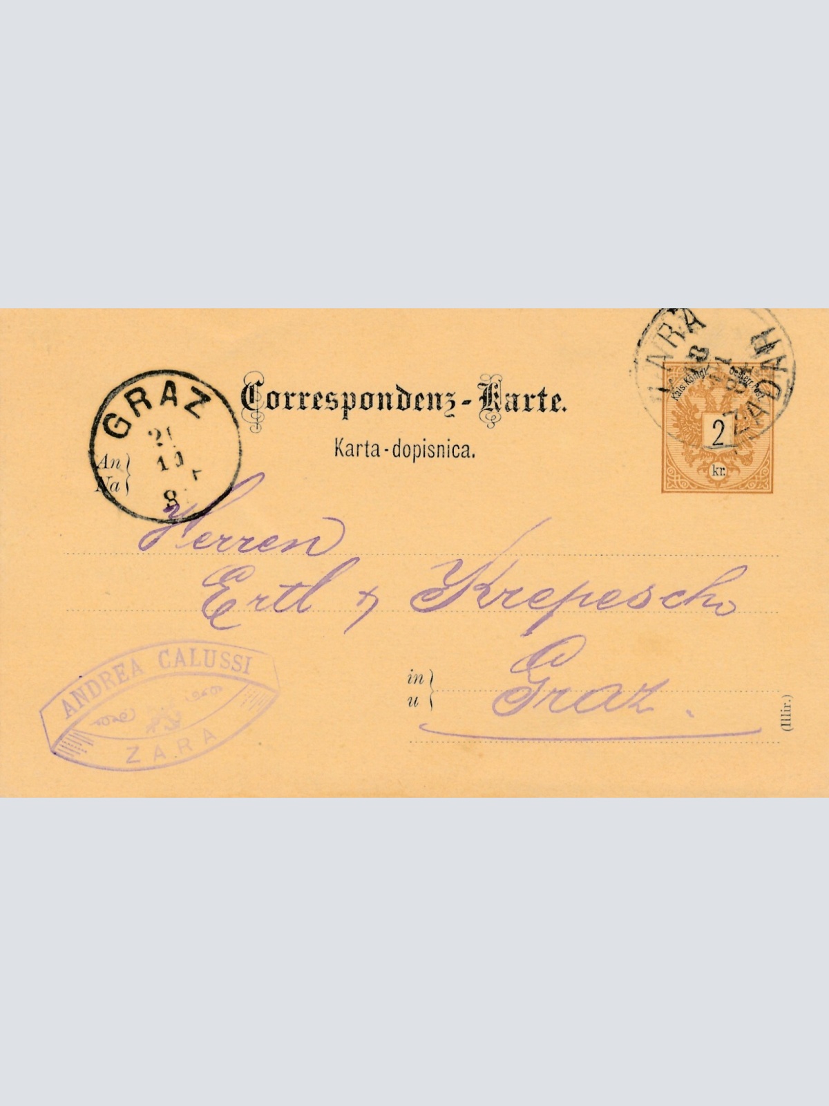 2 Kreuzer Ganzsachen - Karte 1884 aus Zara (11188)