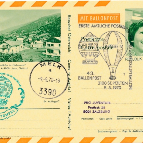 43. Ballonpost St. Pölten auf Bildpostkarte 1970 Lienz Osttirol (11500)