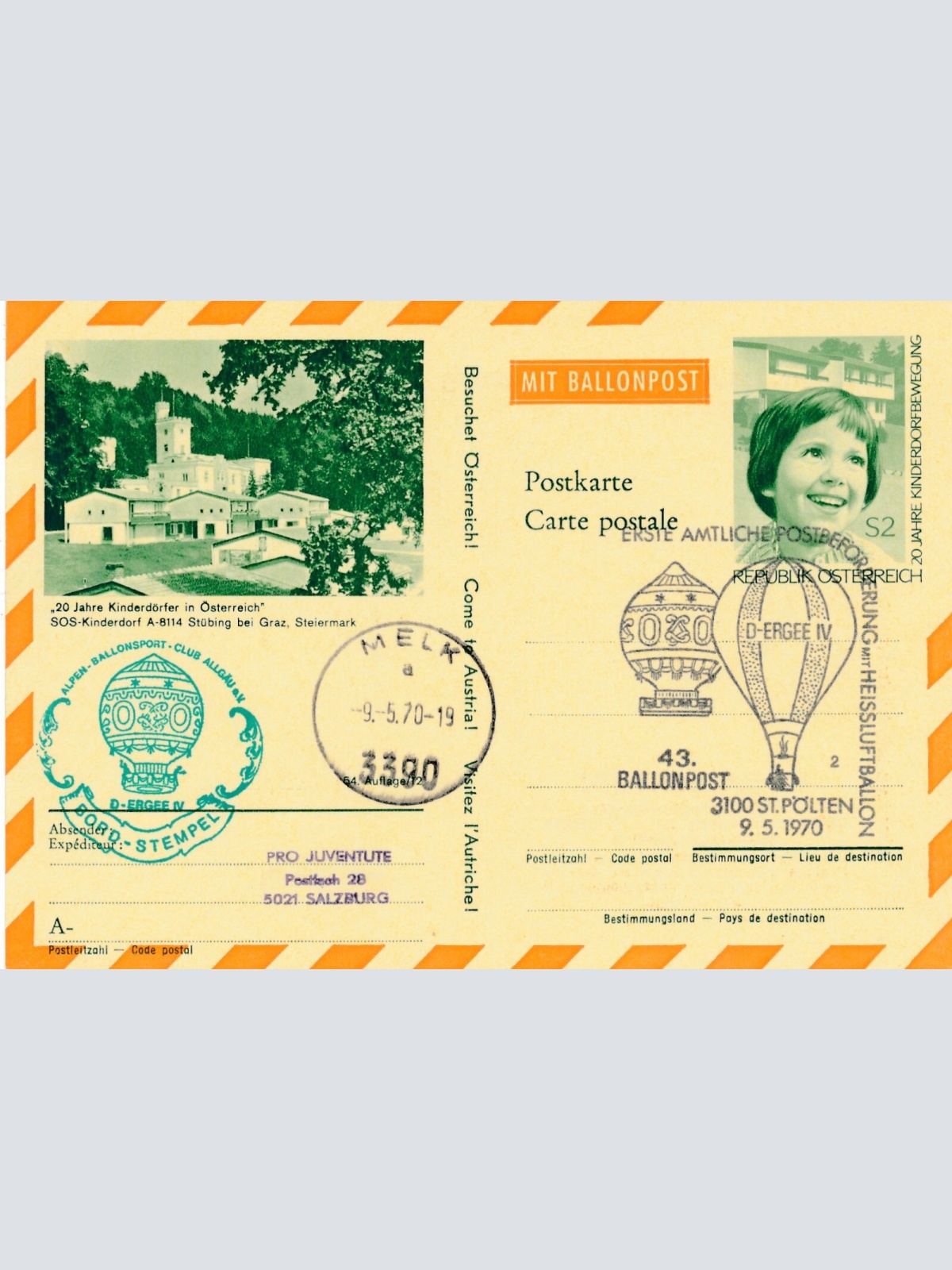 43. Ballonpost St. Pölten auf Bildpostkarte 1970 Stübing bei Graz (11501)