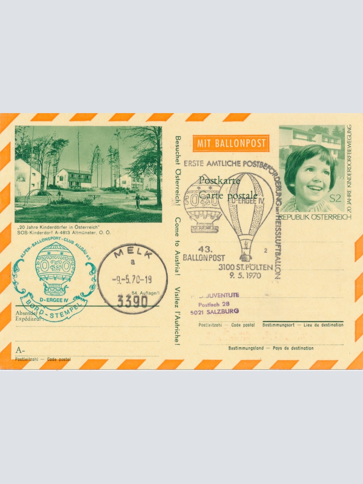 43. Ballonpost St. Pölten auf Bildpostkarte 1970 Altmünster Oberösterr. (11502)