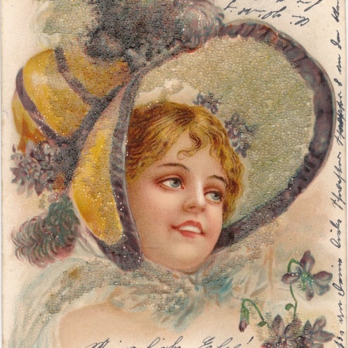 Perlen - Motiv - Karte Mädchen mit Hut Ansichtskarte (11477)