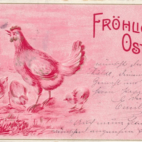 Präge - Motiv - Karte Fröhliche Ostern Henne mit Kücken Ansichtskarte (11851)