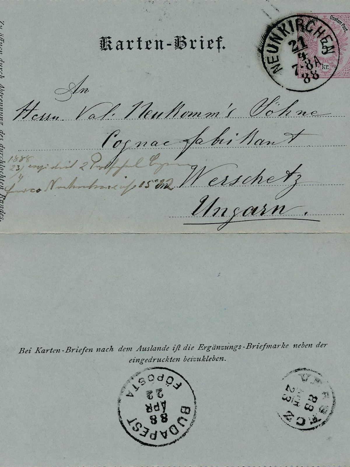 5 Kreuzer Ganzsachen - Karten - Brief aus Neunkirchen (16293)