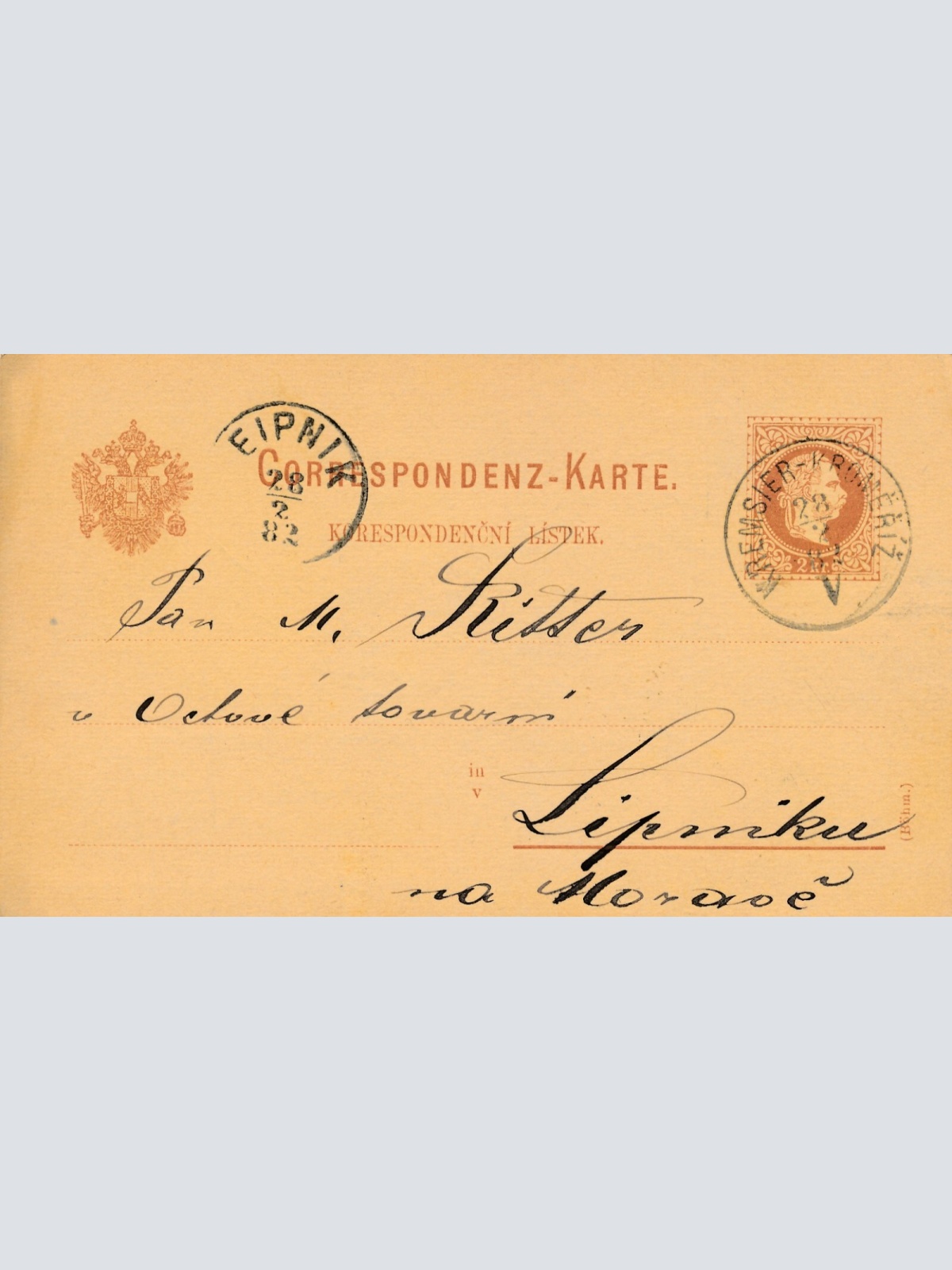 2 Kreuzer - Ganzsachen - Karte 1882 aus Kremsier Römeritz (13580)