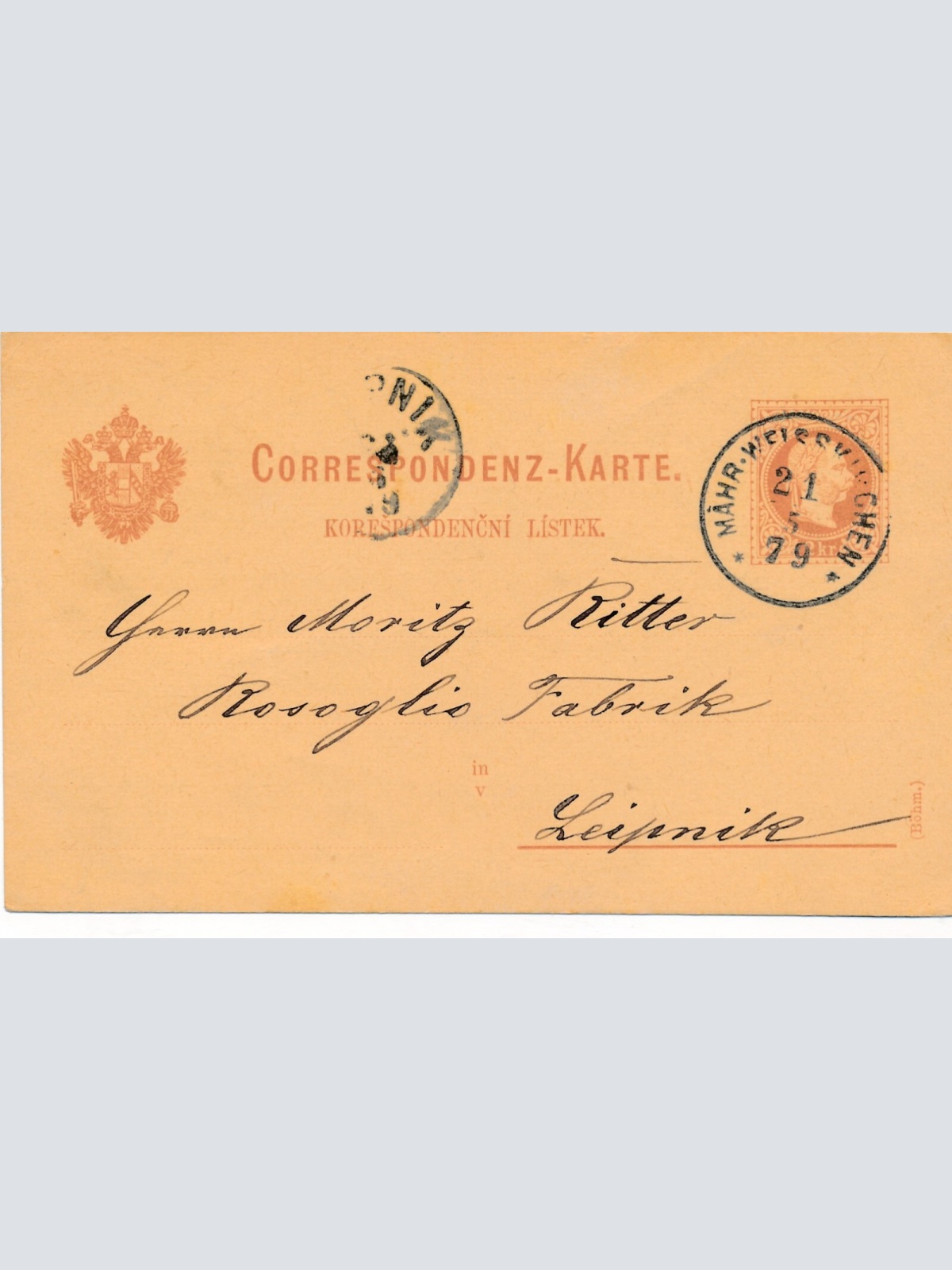 2 Kreuzer - Ganzsachen - Karte 1879 aus Mähr. Weisskirchen (13577)