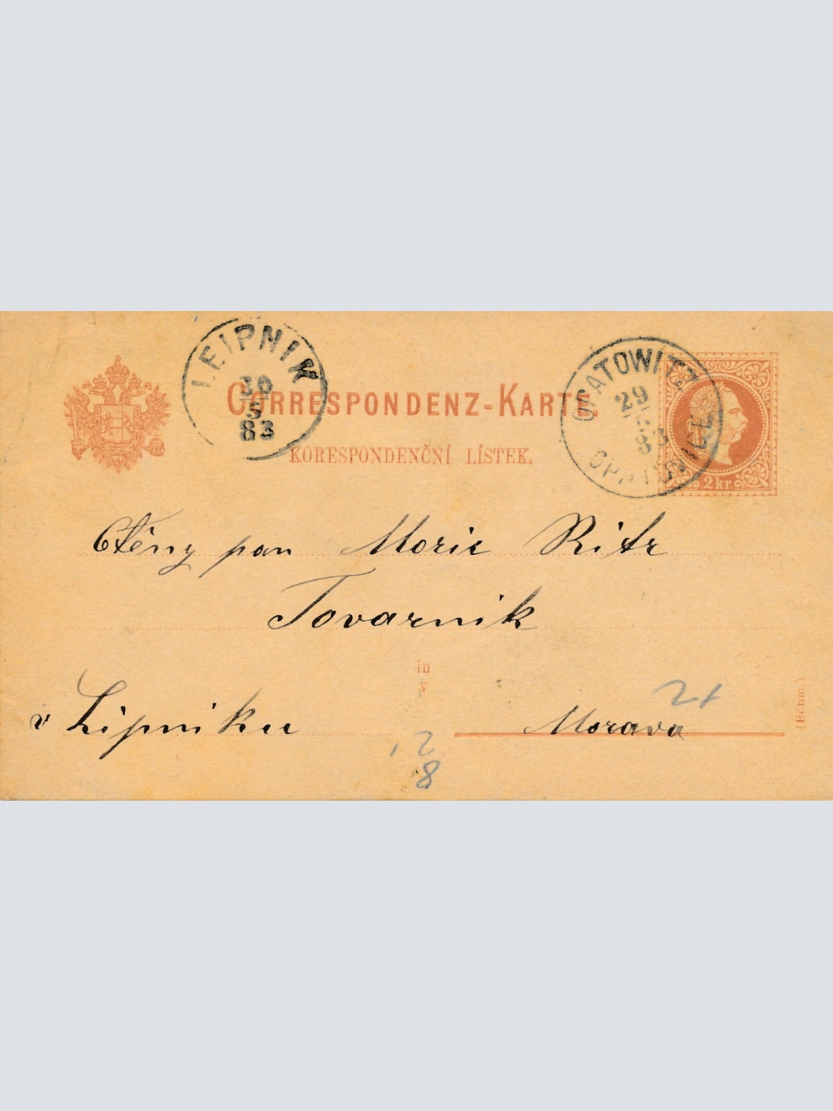 2 Kreuzer - Ganzsachen - Karte 1883 aus Otatowitz (13571)
