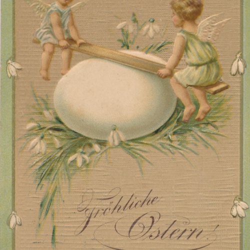 Präge - Motiv - Karte Frohe Ostern zwei Engel mit EI Ansichtskarte (13259)
