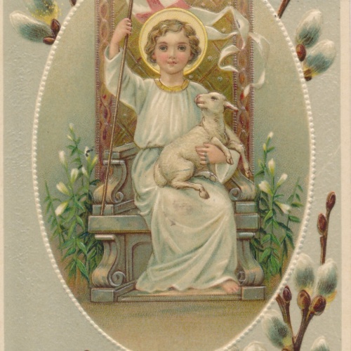 Präge - Motiv - Karte Frohe Ostern Engel mit Lamm Ansichtskarte (13260)