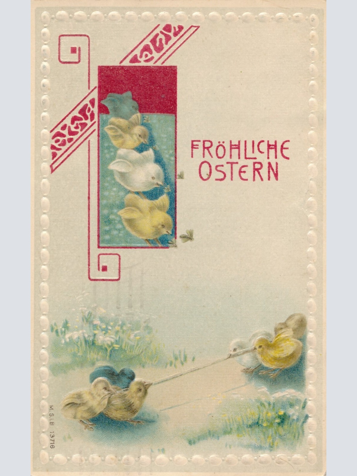 Präge-Karte, Fröhliche Ostern, Küken beim Seilziehen, Ansichtskarte (S3680)