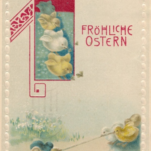 Präge-Karte, Fröhliche Ostern, Küken beim Seilziehen, Ansichtskarte (S3680)