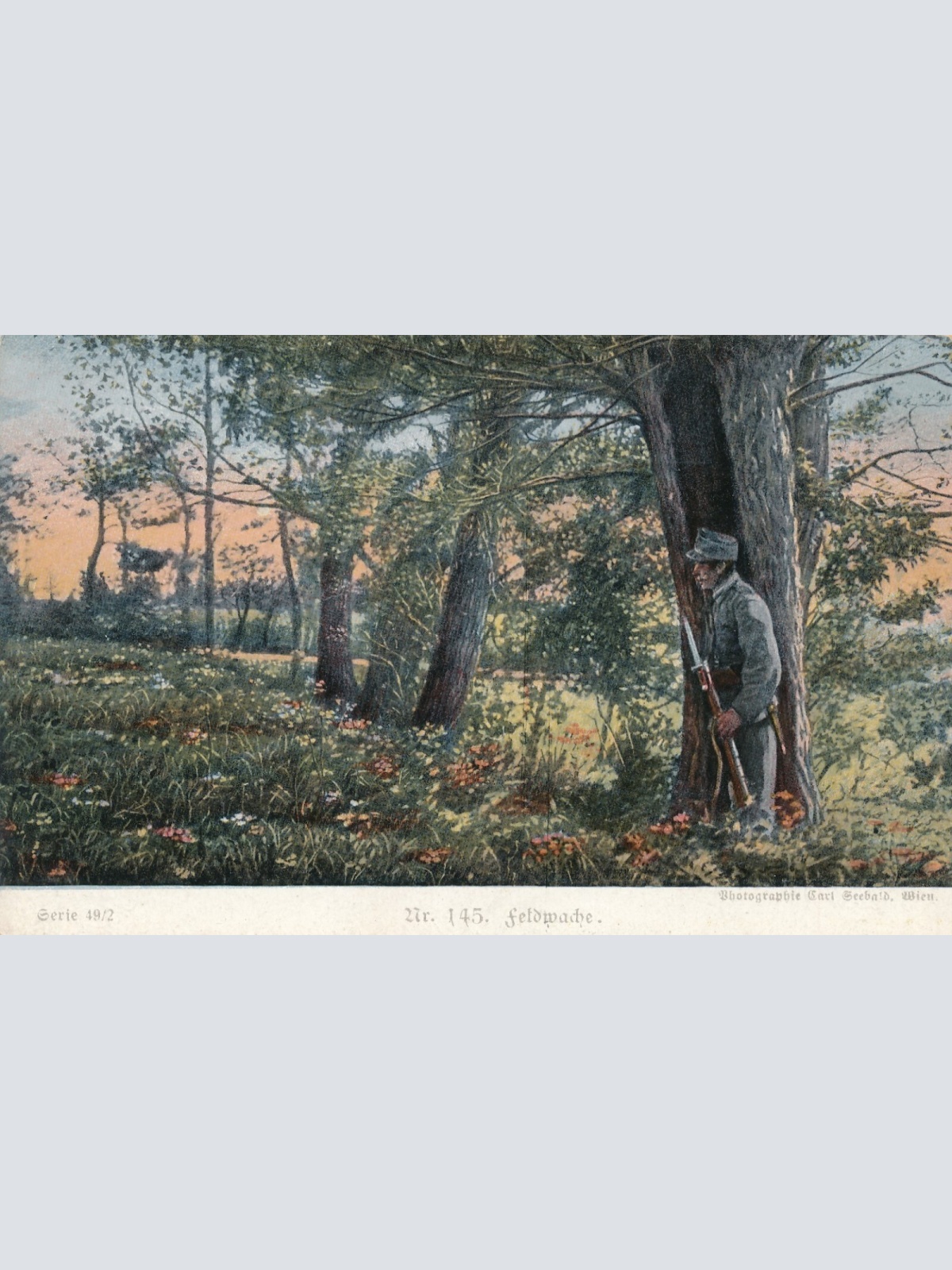 AK Feldwache Soldat mit Waffe hinter Baum Ansichtskarte (13785)