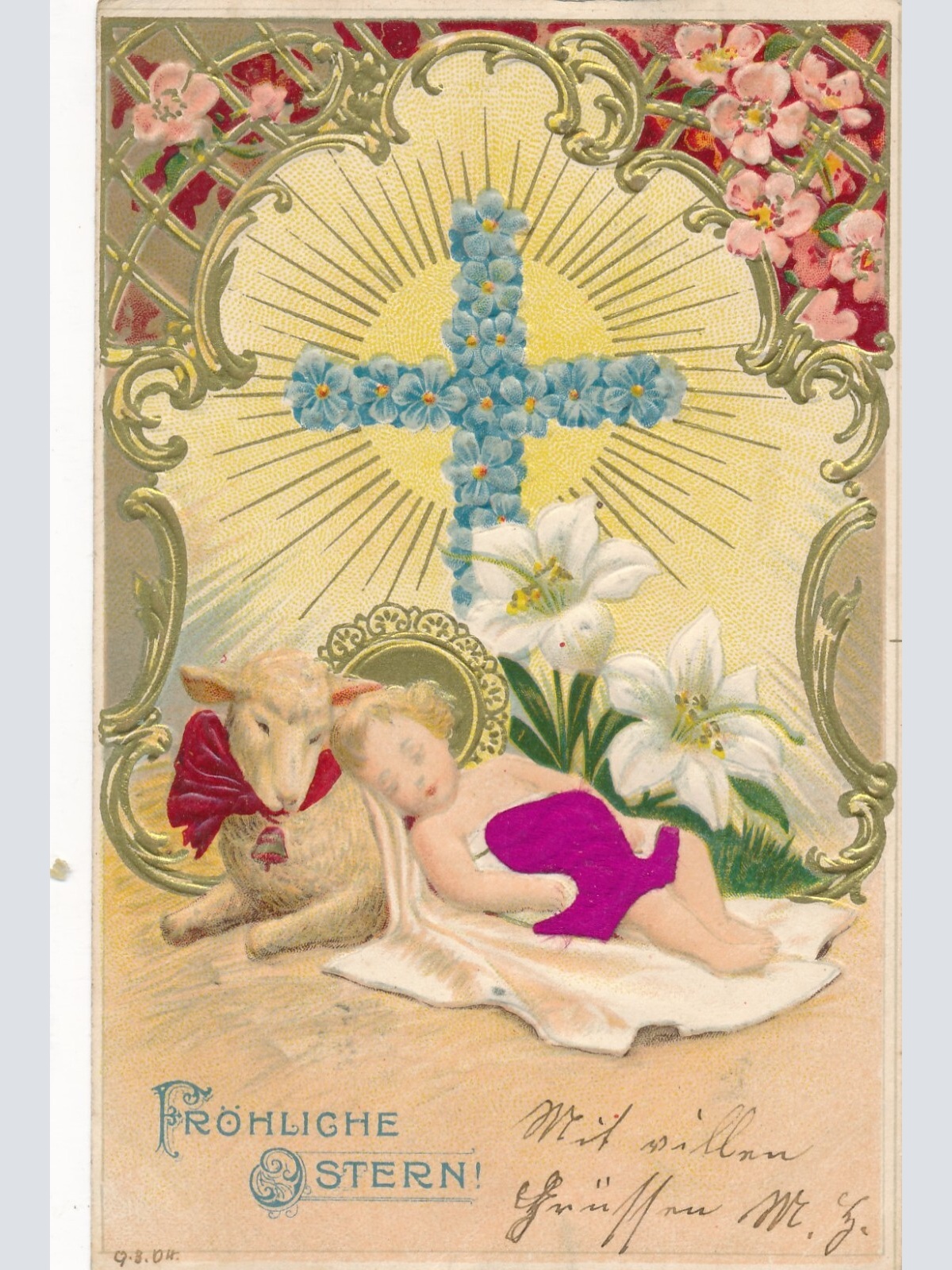 Präge - Motiv - Karte Fröhliche Ostern Schaf mit Kind Ansichtskarte (13698)