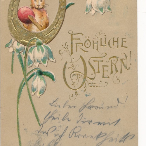 Präge - Motiv - Karte Fröhliche Ostern Hase mit Hufeisen Ansichtskarte (13699)