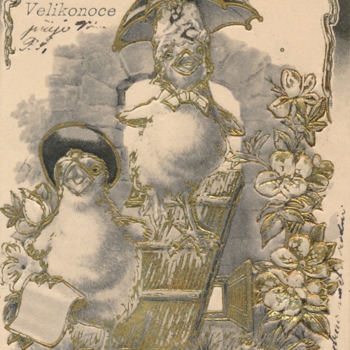 Präge Motiv  Karte von Tschechien Frohe Ostern zwei Kücken Ansichtskarte (13692)