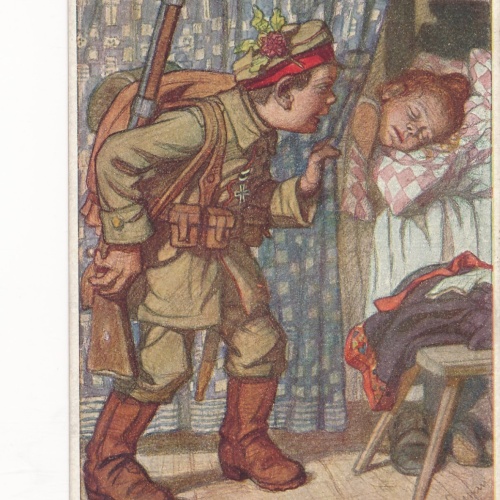 AK Kindersoldat weckt schlafendes Mädchen Ansichtskarte (13709)